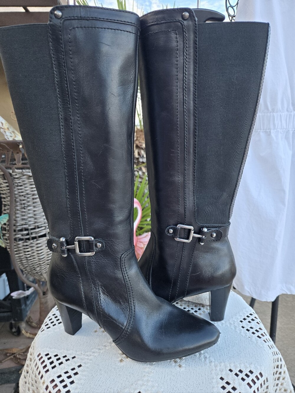 Anne Klein Black Knee-High Buckle Heeled Boots - Picture 3 of 14
